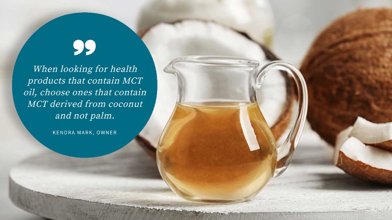 A jar of coconut MCT oil with the caption reading "When looking for health products that contain MCT oil, choose ones that contain MCT derived from coconut and not palm" .